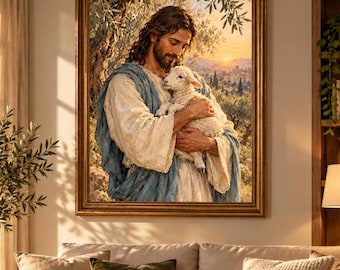Jesus Holding Lamb Wall Art, Good Shepherd Printable, Christian Wall Art, Jesus Portrait, Religious Home Decor, PNG PDF Digital Download