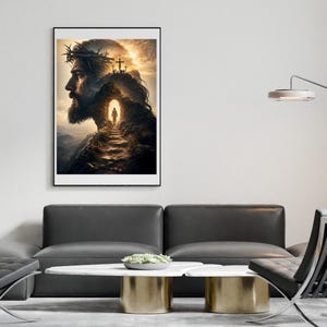 May include: A framed wall art print featuring a profile portrait of a bearded figure wearing a crown of thorns, with a mountain landscape, a glowing cave entrance, and three crosses on a hill depicted in warm, golden, and dark brown tones.