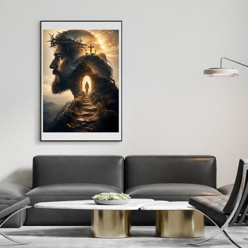 May include: A framed wall art print featuring a profile portrait of a bearded figure wearing a crown of thorns, with a mountain landscape, a glowing cave entrance, and three crosses on a hill depicted in warm, golden, and dark brown tones.
