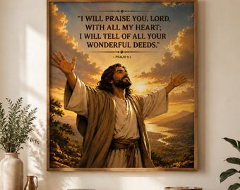 Christian Sublimation PNG, Psalm 9:1 Bible Verse Print, Jesus Wall Art Digital Download, Faith Tumbler Design PNG