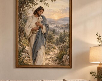 Jesus Good Shepherd Wall Art, Christian Printable, Jesus With Lamb Art, Christian Wall Decor, Religious Digital Download, PNG PDF