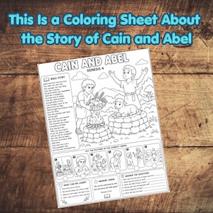 May include: A black and white coloring sheet titled "Cain and Abel Genesis 4" featuring a Bible story summary, a central illustration of two figures with a lamb and fire, a six-step sequencing activity, a memory verse, and six comprehension questions.