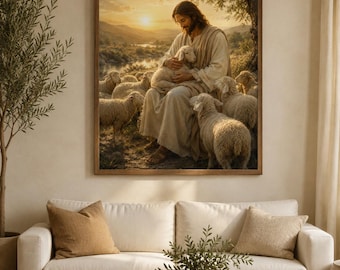 Jesus Wall Art, Good Shepherd Printable, Christian Wall Art, Jesus with Lambs Print, Religious Wall Decor, Digital Download