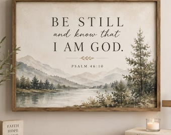 Be Still and Know That I Am God Printable, Psalm 46:10 Wall Art, Christian Wall Decor, Bible Verse PNG, Neutral Christian Art