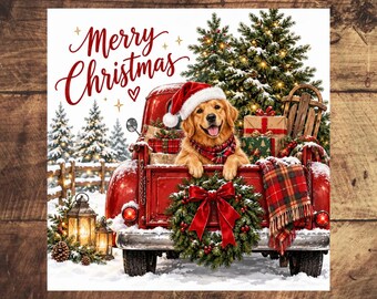 Lámina navideña para imprimir con diseño de perro, arte mural navideño de Golden Retriever, lámina de Feliz Navidad, decoración vintage de camión rojo, decoración navideña estilo granja, PDF