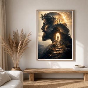 May include: A framed wall art print featuring a profile portrait of a bearded man wearing a crown of thorns, integrated into a landscape with a rocky path leading toward a glowing archway and three distant crosses under a golden sunset sky.