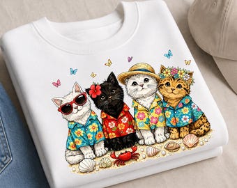 Cats Summer Png, Hawaiian Kittens Shirt Design, Tropical Beach Cat Png, Cat Lover Png, Funny Cat Mom Beach Png, Trendy Summer Vacation Cat
