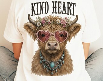 Vaca de las Tierras Altas de Corazón Amable PNG, Diseño de Sublimación Western, Vaca Vaquera Floral Linda PNG, Descarga de Diseño de Camiseta Campestre Retro