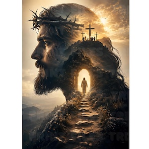 May include: A digital artwork featuring a profile view of a bearded man wearing a crown of thorns. The image incorporates a landscape scene with a stone path leading through an archway toward a figure, with three crosses on a hill in the background.