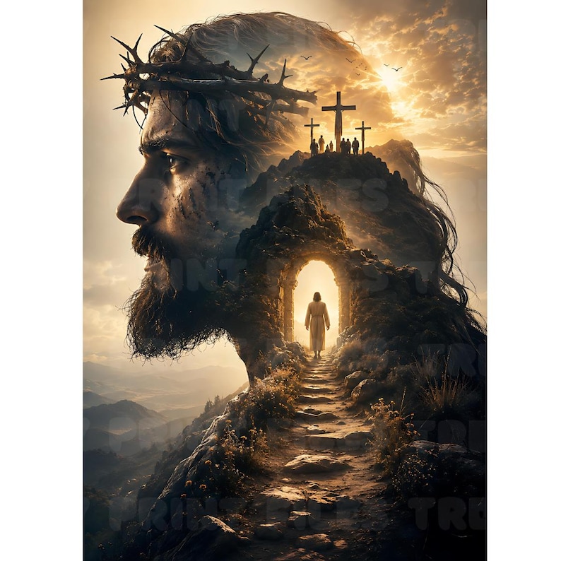 May include: A digital artwork featuring a profile view of a bearded man wearing a crown of thorns. The image incorporates a landscape scene with a stone path leading through an archway toward a figure, with three crosses on a hill in the background.