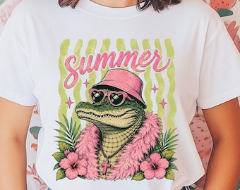 Summer Alligator PNG, Funny Crocodile Summer Shirt Design, Retro Pink Coquette PNG, Trendy Sublimation Graphic Tee Download