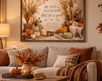 Christian Fall Wall Art PNG PDF, Be Still and Know Printable, Bible Verse Autumn Decor, Faith Pumpkin Wall Art Thanksgiving Digital Download