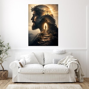 May include: A vertical wall art print featuring a profile portrait of a bearded man wearing a crown of thorns, with a landscape scene integrated into the silhouette showing a path leading toward a glowing cave entrance and three distant crosses.
