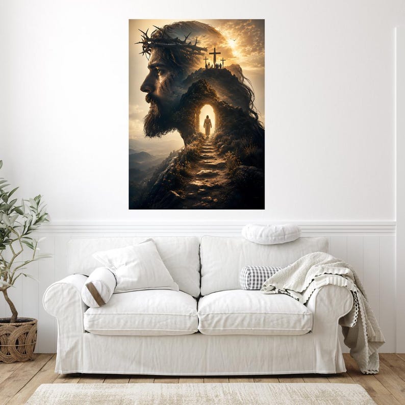 May include: A vertical wall art print featuring a profile portrait of a bearded man wearing a crown of thorns, with a landscape scene integrated into the silhouette showing a path leading toward a glowing cave entrance and three distant crosses.
