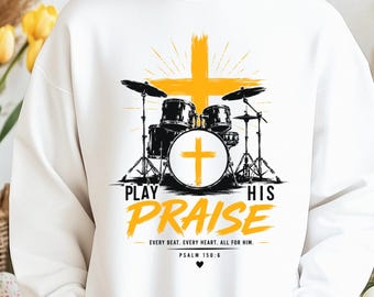 Baterista cristiano PNG, Toca su alabanza PNG, Diseño de batería Salmo 150:6, Baterista de adoración PNG, Descarga digital de música cristiana