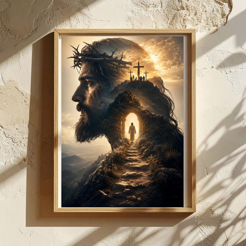 May include: A framed wall art print featuring a double exposure illustration. The profile of a bearded man wearing a crown of thorns blends into a rocky landscape with a stone archway, a path, and three crosses on a hill under a golden sky.