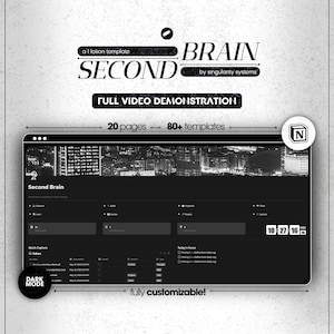 Puede incluir: Una plantilla digital para Notion, llamada "Second Brain", con una interfaz en modo oscuro. El diseño incluye el texto "a Notion template", "Second Brain" y "Full Video Demonstration". Cuenta con 20 páginas y más de 80 plantillas, con un diseño personalizable.