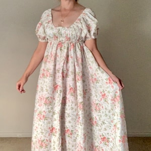 Short Sleeved Pink Floral Cream Gown Regency Inspired Dress choose your size Blue available too