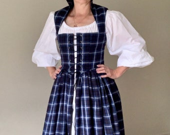 Black and Blue Tartan Plaid Renaissance Celtic Irish Scottish Renaissance Gown Dress ready to ship!