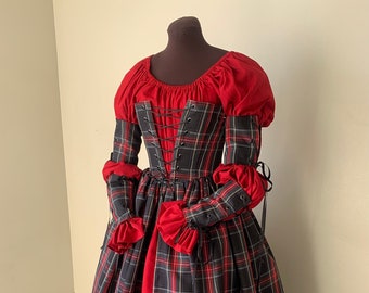 Black Stewart Tartan Plaid Corset Renaissance Christmas Outlander Scottish Renaissance Gown irish Dress ready to ship arm bands, red chemise