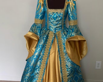 Turquoise Teal Blue and Gold Renaissance Dress Gown Great Sleeves made to order!