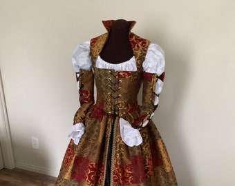 Patchwork Tapestry in Wine Sage and Gold Renaissance Over Gown Dress w/ Gauntlet Sleeves Black Skirt and White Blouse Ready to Ship