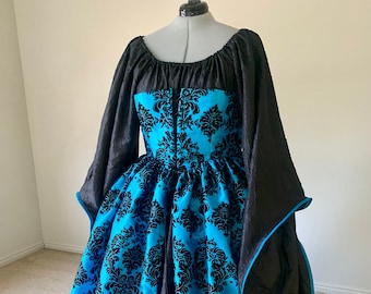 Turquoise and Black Corset Gown and Black Angel Chemise Fantasy Renaissance Halloween Over Gown Dress Ready to ship! Plus Size!