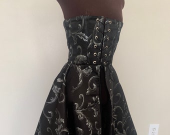 Black and Silver Damask Corset Waist Cincher Split Skirt Renaissance Steam punk Fairy Gypsy Over Dress Pirate made to order!