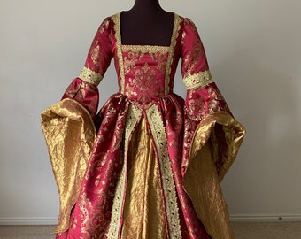 Vestido renacentista de vino tinto escarlata y oro ¡Grandes mangas hechas a pedido!