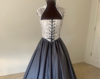 Fantasy cosplay Irish Renaissance Bodice and Skirt Dress in Gray and Cream made to order New Gray Fabric