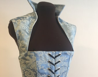 Corpiño de fantasía renacentista con brocado de damasco azul y blanco para cosplay, hecho a pedido y con envío rápido