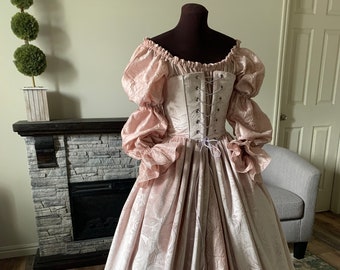 Blush Pink Velvet Corset Gown and Pink Lady Pirate Chemise Fantasy Renaissance Wedding Gown Dress Custom Measurements