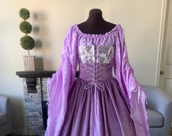 Lavender Velvet and Brocade Corset Gown and Angel Chemise Gathered sleeves Fantasy Renaissance Over Gown Dress made to fit you!