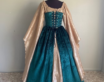 Hunter Green  Corset Gown and Gold Angel Chemise Fantasy Renaissance Over Gown Dress Custom Made to fit you!