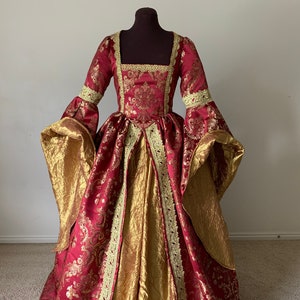 Scarlet Red Wine and Gold Renaissance Gown Great Sleeves made to order!