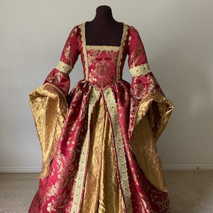 Scarlet Red Wine and Gold Renaissance Gown Great Sleeves made to order! Blue, Green or Black and Anne Boleyn option