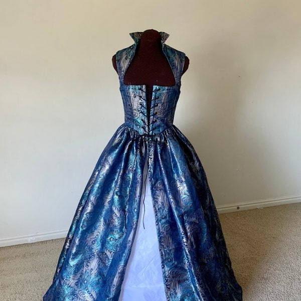 Teal Green Blue Peacock Brocade Fantasy Renaissance Over Gown Dress made for you!!!