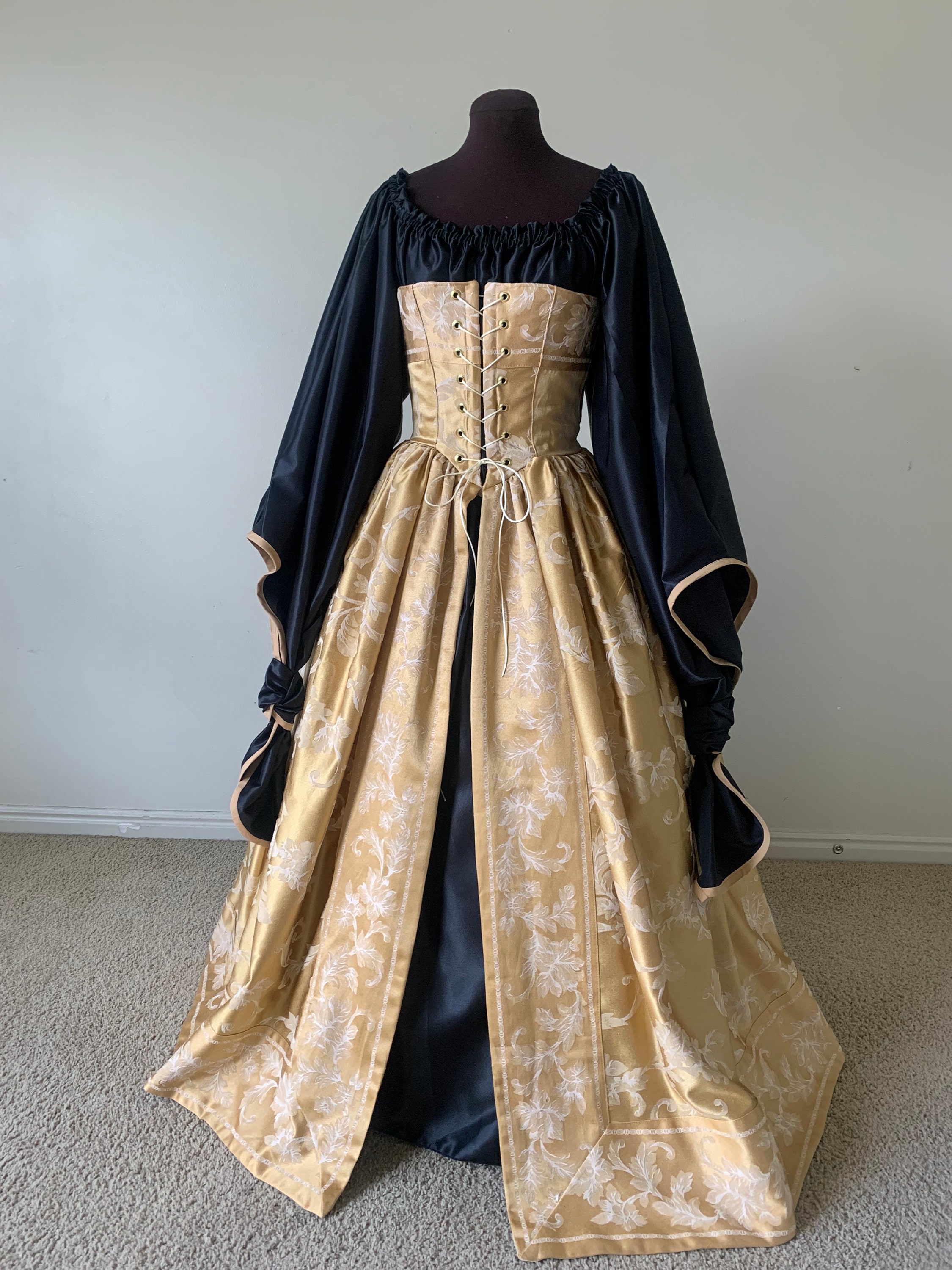 gold gothic dress Corset Gown and Black Sorceress Angel Chemise Fantasy Renaissance Over Gown made for you! Evening gown