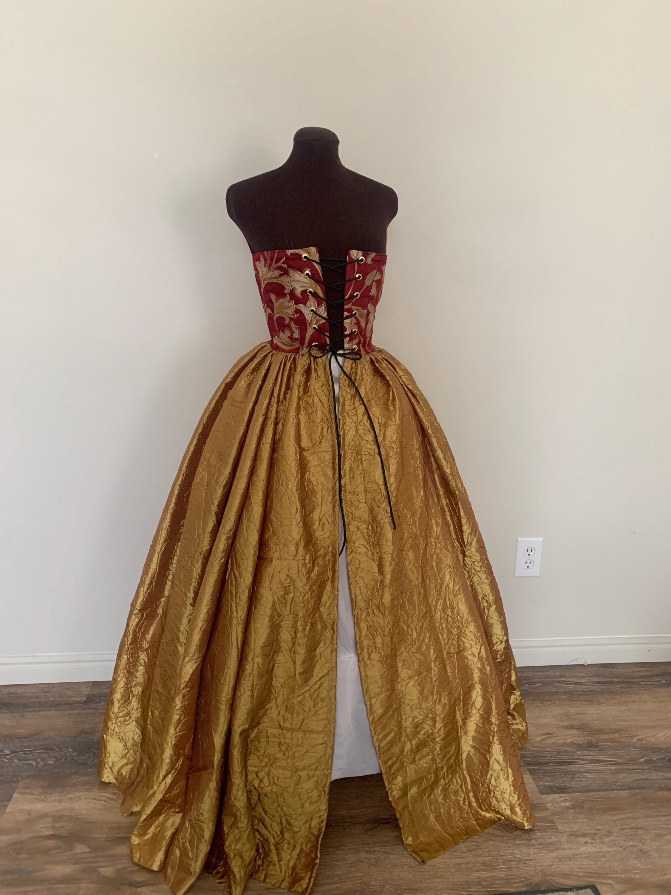Burgundy and Gold Corset Fantasy Renaissance Wedding Gown Dress! Xsmall ready to ship! 30 bust 25 waist