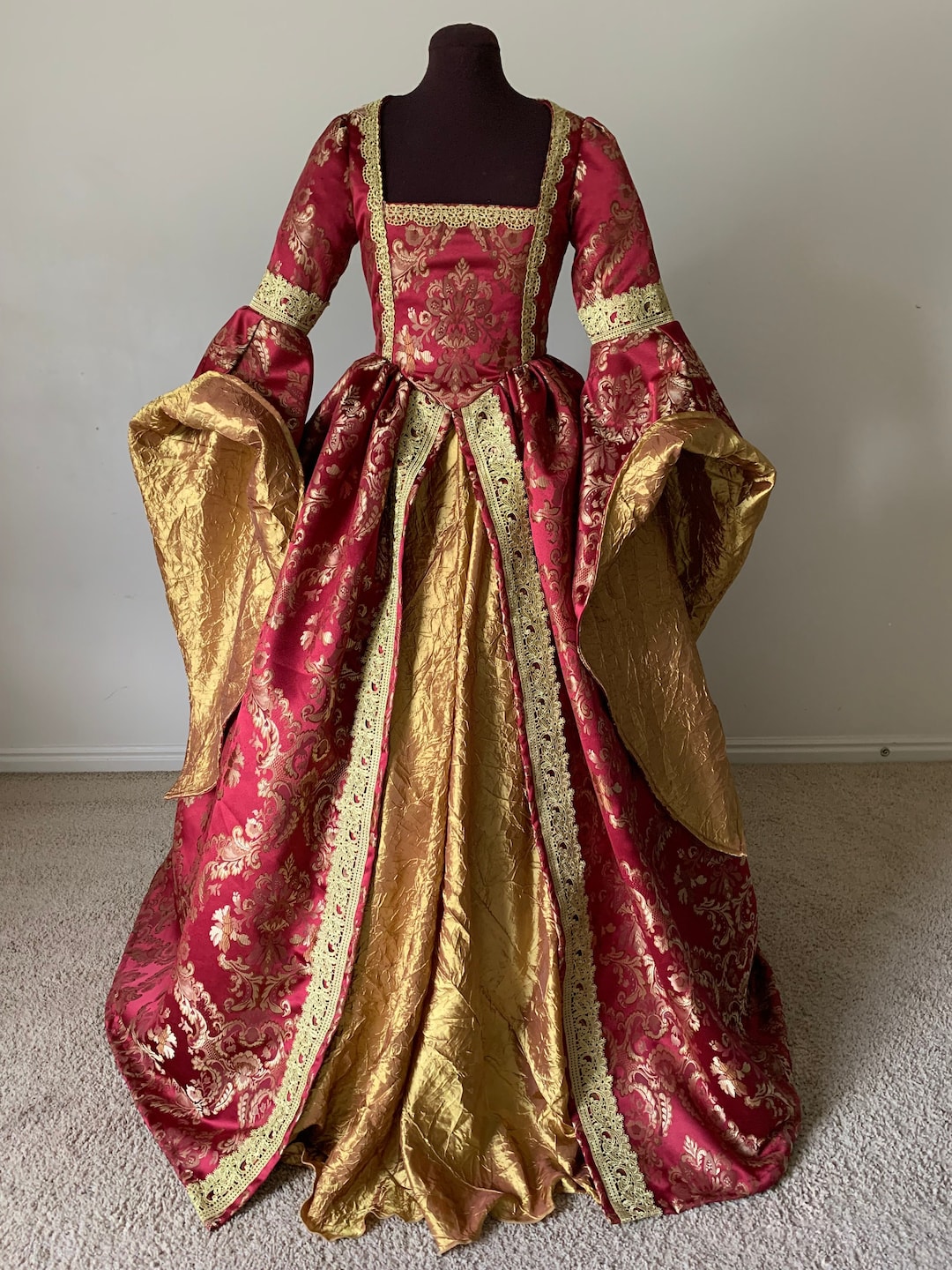 Scarlet Red Wine and Gold Renaissance Gown Great Sleeves Made to Order
