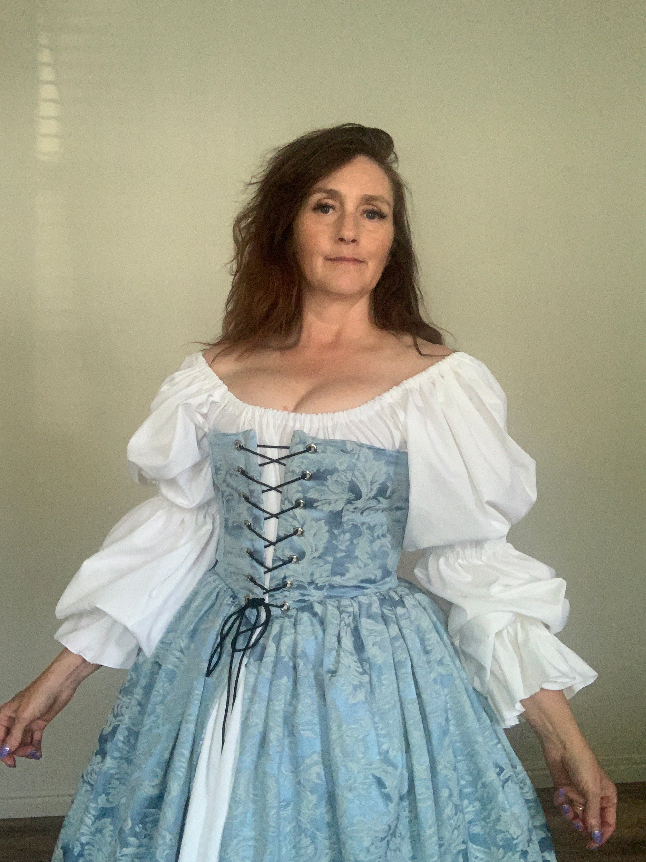 Blue and White Brocade Damask Corset Cincher Skirt Over Dress Pirate  Renaissance Wedding Dress READY to SHIP bust 33 waist 29