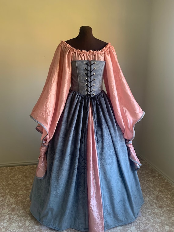 Silver Gray Velvet Lady Corset Gown and Pink Angel Chemise Fantasy Renaissance Over Gown Dress Made to Fit You