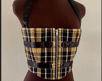 Yellow and Plaid  Corset Bodice Renaissance Cosplay Fantasy  Bodice made to fit you
