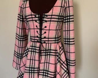 Pink and Black Plaid Jacket Over Coat Split Skirt Renaissance Scottish Overlander Over Dress Pirate ready to ship! Bust 38 waist 33