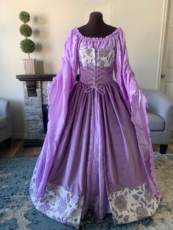 Lavender Velvet and Brocade Corset Gown and Angel Chemise Gathered Sleeves  Fantasy Renaissance Over Gown Dress Made to Fit You! - Etsy