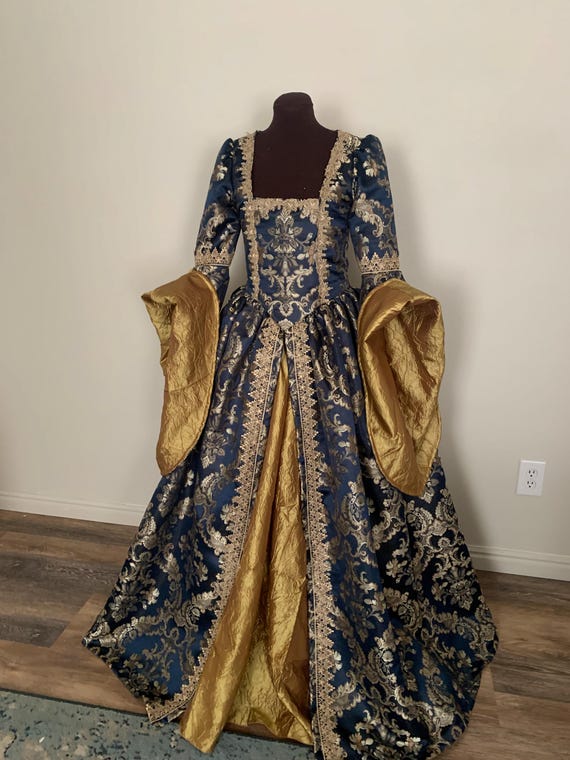 gold peacock dress Dark Peacock Blue and Gold Renaissance Gown Great Sleeves made to order!