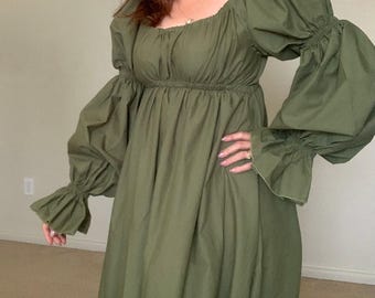 Olive Green Full-length Organic Cotton Dress Renaissance Regency pirate sleeves Pride Prejudice Jane Austen Chemise
