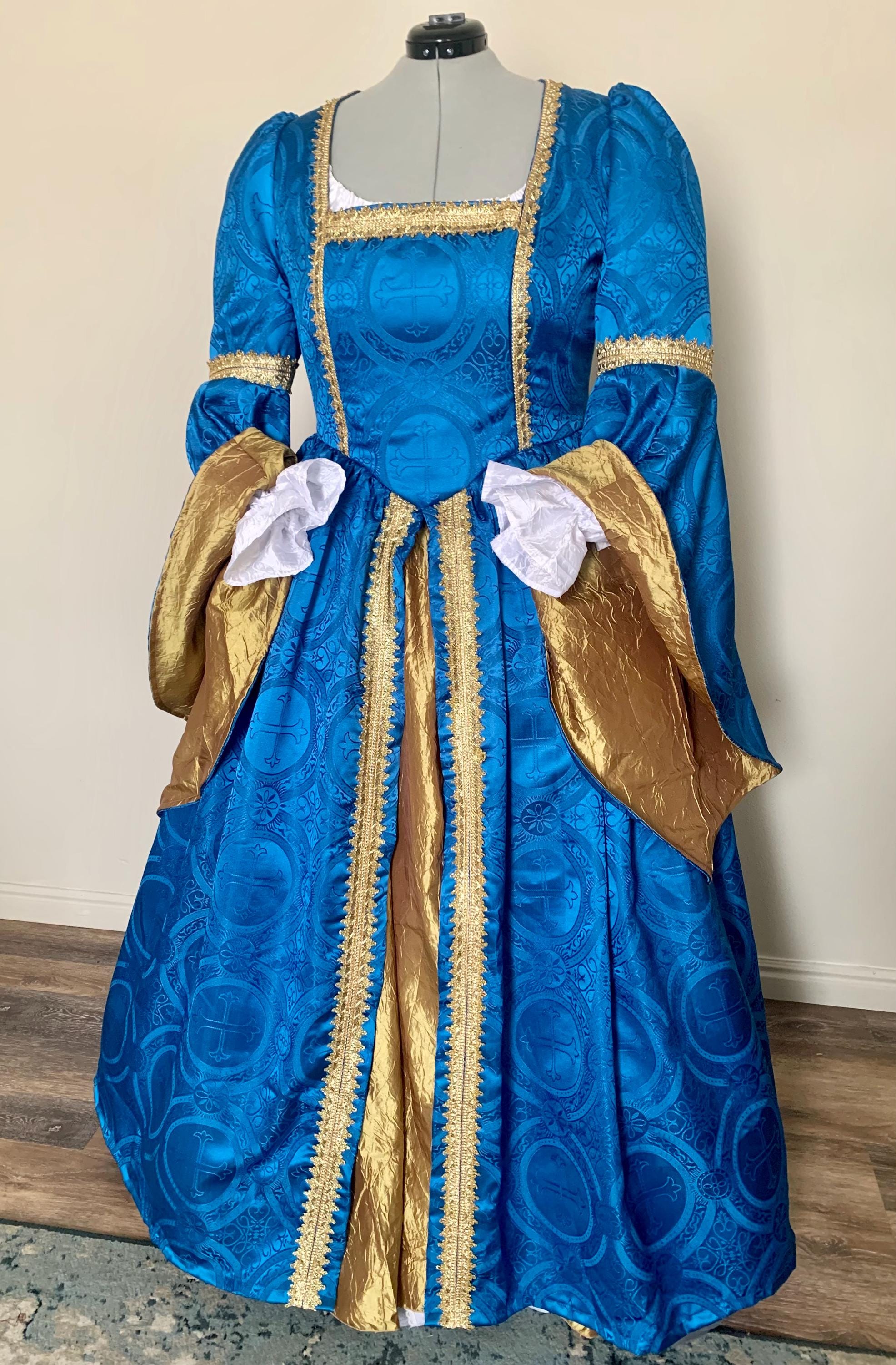 Royal Blue and Gold Renaissance Dress Tudor inspired Gown Great Sleeves 47 bust 37 waist ready to ship!