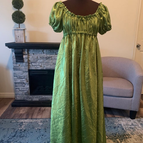 Apple Green Full-Length Taffeta Dress Renaissance Regency Short Sleeves Cosplay Pride and Prejudice Jane Austen
