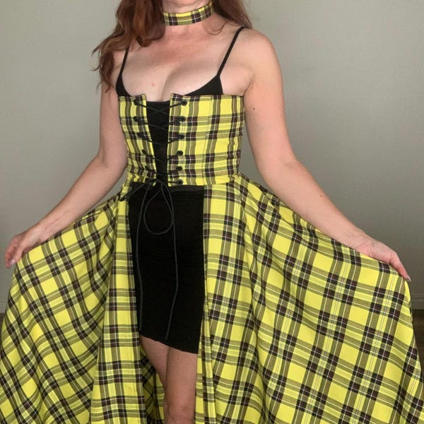¡Vestido pirata estilo renacimiento steampunk con corsé a cuadros amarillo y negro inspirado en los VMA de Taylor Swift! ¡Solo el corsé está disponible también!